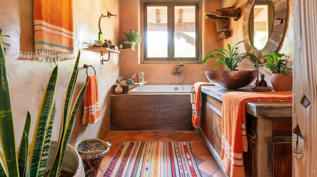 Bright Southwestern bathroom featuring a floating vanity, terracotta tiles, and a hammered copper sink Vibrant towels and desert plants create warmth and harmony