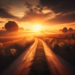 Obraz premium A serene country road stretching into the distance under a vibrant sunset. The sky is filled with dramatic clouds, illuminated by the golden sun, casting a warm glow over the landscape.