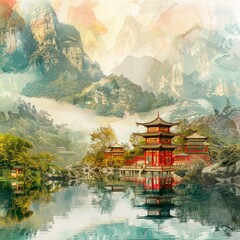Temple at beautiful riverside mountain landscape traditional oriental painting style background. Generative AI technology. Job ID: 16e0adb0-aeed-4183-b82e-5ea78b301f90