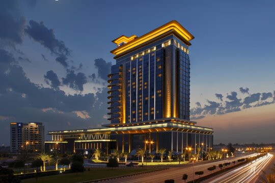 Tall Building Aglow With Lights, A luxury hotel chain owned by a prominent Muslim businessman, known for its premium amenities and world-class hospitality
