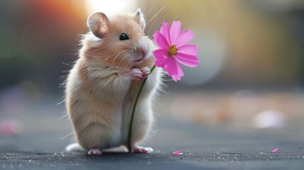 Cute hamster holding a flower