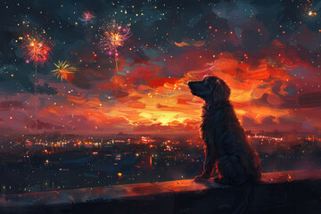 dog seeing fireworks. Created with Ai