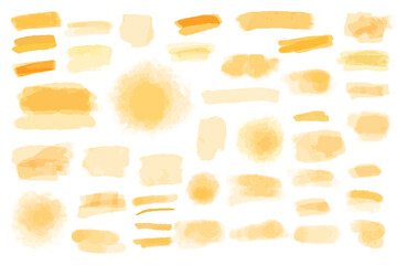 Golden, yellow, tangerine, orange. Hand drawn watercolor brush stroke. Big set collection. Paint spot 
, splash isolated on a white background. Vector graphics elements 