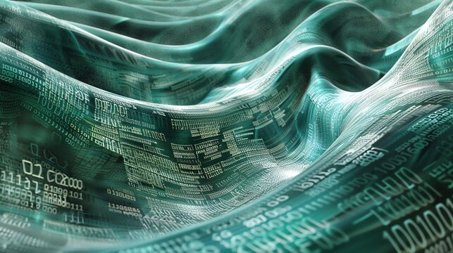 Gentle ripples of binary codes flow gracefully Birds eye view, muted greys and turquoise hues create a serene digital stream