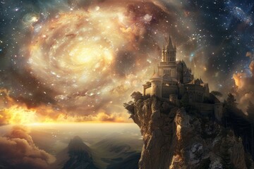 A castle perched on a cliff, floating in the sky with clouds surrounding it, A magical castle perched on a cliff overlooking a vast, swirling galaxy
