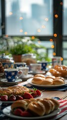 Naklejka premium American breakfast indoors with US Flag in the background. Generative AI.