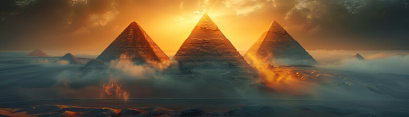 The Pyramids of Giza enveloped in a mystical sunset, showcasing their grandeur amidst a dramatic...