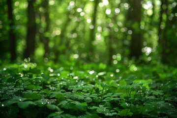 Fototapeta premium A dense forest with an abundance of green leaves creating a vibrant and lively atmosphere, A magical forest filled with shimmering shamrocks