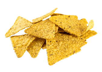 the pile of tortilla nachos chips, Mexican Triangle Corn Chips, isolated on a transparent background, grunge textured graphic element