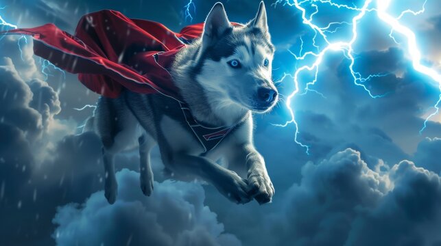 Portrait of a super hero Husky dog with cloud and lightning bolt