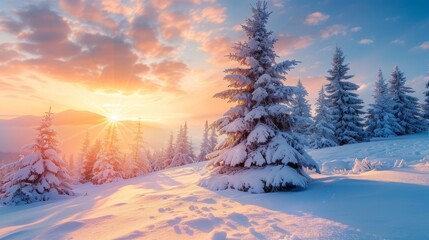 Winter landscape wallpaper with pine forest covered with snow and scenic sky at sunset. Snowy fir...