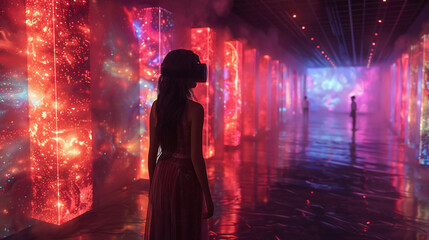 Virtual reality art gallery with immersive digital exhibits, visitors wearing VR headsets and exploring digital artworks