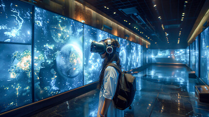 Virtual reality art gallery with immersive digital exhibits, visitors wearing VR headsets and exploring digital artworks