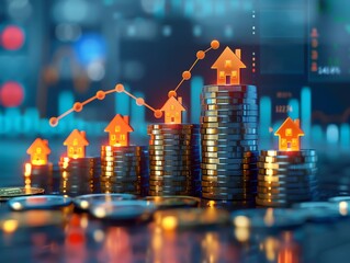 Image of an upward financial graph soaring above stacks of coins, topped with glowing house icons, symbolizing real estate investment growth