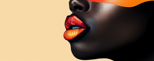 Minimalist and stylized drawing of a side profile with African lips featuring bright, Pride themed lipstick, using bold flat colors to highlight inclusivity