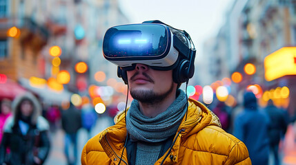 Young man wearing virtual reality goggles in modern city at daytime. VR metaverse