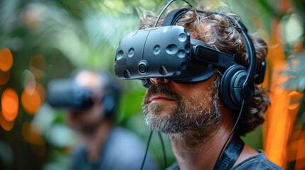 Young man wearing virtual reality goggles in modern city at daytime. VR metaverse