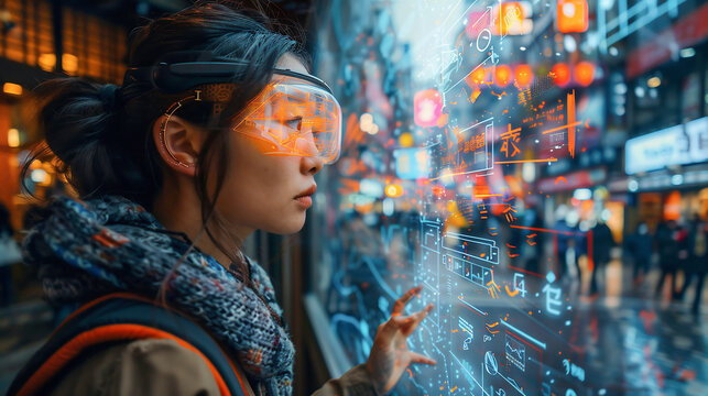 Young asian woman wearing virtual reality goggles in modern city at daytime. VR metaverse