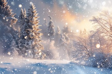 Fototapeta premium Snow-covered landscape with bare trees and falling snowflakes on a winter day, A magical winter wonderland with snowflakes falling gently from the sky