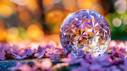   A crystal ball perched atop a mound of lavender and rose petals amidst a sea of lilac and magenta blossoms