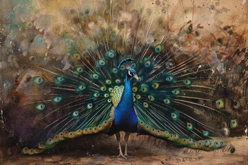 Obraz premium A peacock proudly showcases its vibrant feathers spread out in a spectacular fan, A magnificent peacock fanning out its feathers