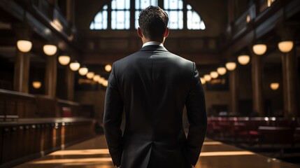 A dramatic shot of an attorney standing alone in a courthouse corridor, looking worried and contemplative, capturing the personal strain of handling a legal crisis