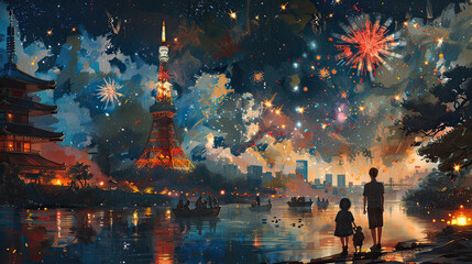 Watercolor of a festive fireworks display over Tokyo, with silhouettes of traditional and modern architecture reflecting in water.