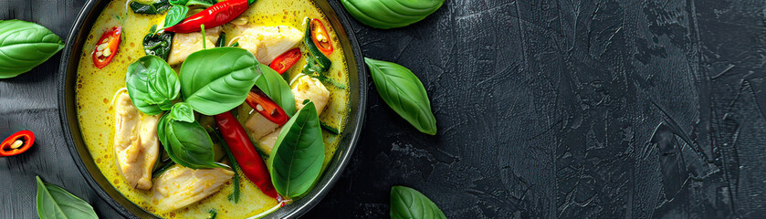 Aromatic Thai green curry featuring tender chicken pieces, vibrant vegetables, and fresh basil in a rich, spicy coconut sauce.