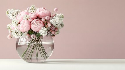   A vase with pink and white flowers sits atop a white table against a pink wall backdrop