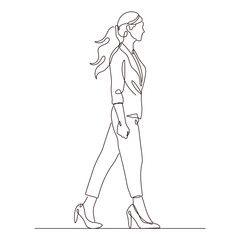 A girl with long flowing hair walks in heels one line drawing