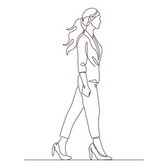 A girl with long flowing hair walks in heels one line drawing