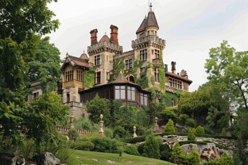 Obraz premium A large building with many windows sits atop a hill, commanding attention with its impressive design, A majestic castle perched on a hilltop, surrounded by lush gardens