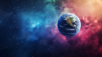 Obraz premium Colorful abstract space and planet against a dark backdrop, with ample copy space