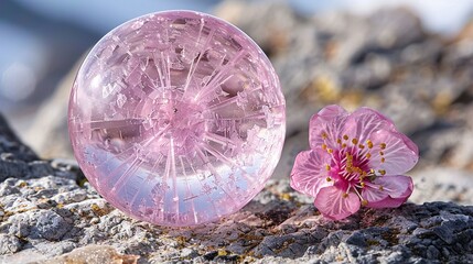   A pink ball rests on a rock, beside a pink flower atop a rocky mound