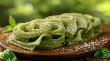    a plate of pesto noodles on a wooden surface, surrounded by green foliage