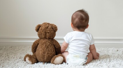 Back view of cute little baby with teddy bear - Powered by Adobe