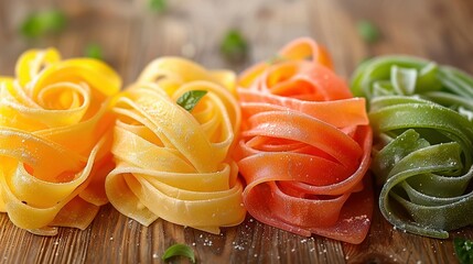   A close-up of various types of pasta on a wooden surface with water droplets on top