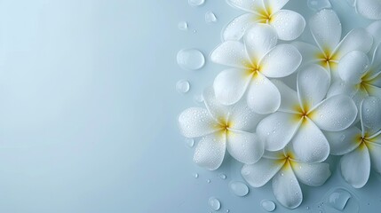 White Frangipani Plumeria flower close up photo background with empty copy space for text 