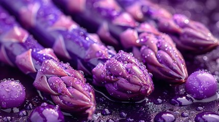   A detailed image of several purple blossoms, featuring droplets of water on their petals and stem tips