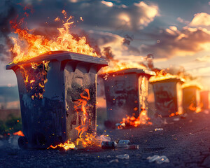 Trash bins burning fiercely on the outskirts of a city during sunset, highlighting issues of waste management and safety.