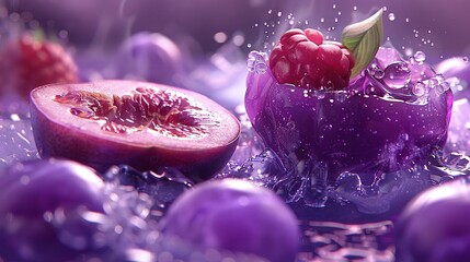   A detailed image of a pomegranate and a drop of water on its surface