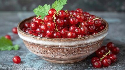   Close-up of a cherry bowl with water droplets and leaves