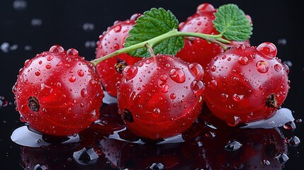   A table with cherries and water droplets, topped by a green leaf