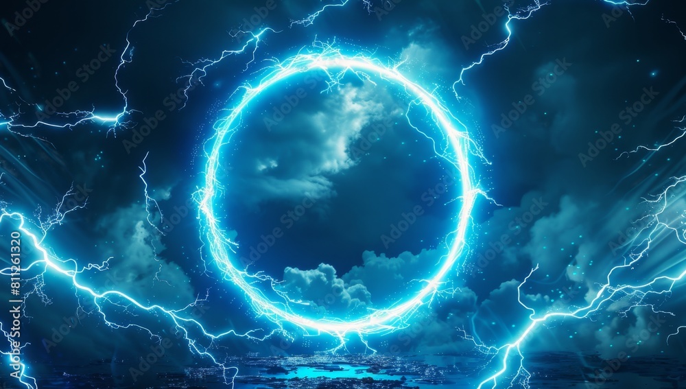 Wall mural abstract blue neon light background with a glowing circular frame and thunder glow effect generative