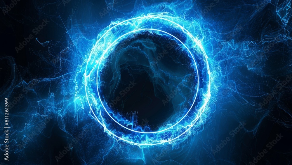 Wall mural abstract blue neon background with a glowing circular frame, portal or vortex and light effect on a 