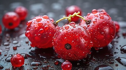   A cluster of ruby-red cherries resting atop a glistening table amidst a shower of raindrops on a ebony surface
