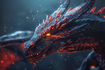 A close-up view of a majestic dragon with glowing red eyes, showcasing its fierce and powerful presence, A majestic dragon with glowing red scales and fierce horns