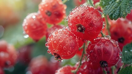   A red berry cluster with water droplets and a green background leaf