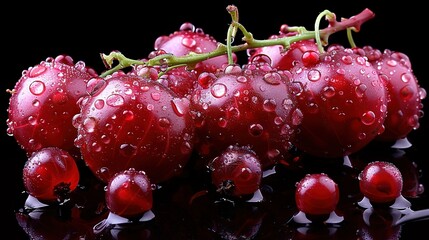  A photo of red cherries with water drops on a black backdrop