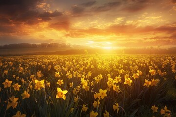 Fototapeta premium A field full of vibrant yellow daffodils stretching under a dramatic cloudy sky, A majestic field of golden daffodils in full bloom